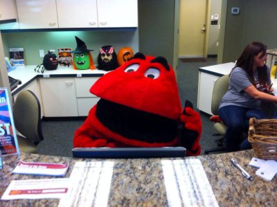 Big Red on the Phone at Drobocky Orthodontics in Bowling Green
